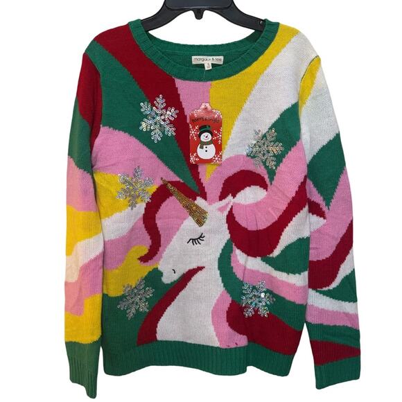 Margaux And Lexi Kids' Sequin Unicorn Holiday Sweater In Candy Stripes - Picture 1 of 7
